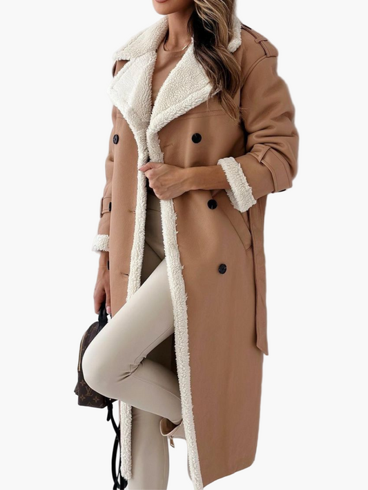 Women's Elegant Long Teddy Collar Coat – Classic Double-Breasted Winter Outerwear