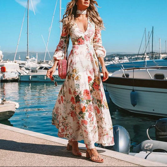 Francesca – European and American Style Dress with Long Sleeves and Deep V-Neck