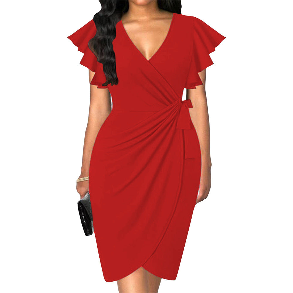 Betty – V-neck Tight Waist Pleating Bell Sleeve Sheath Dress