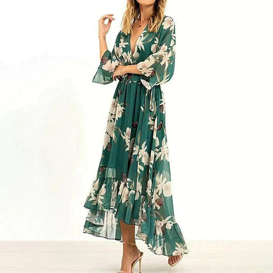 Jean – Green Chiffon Dress with Deep V-Neck
