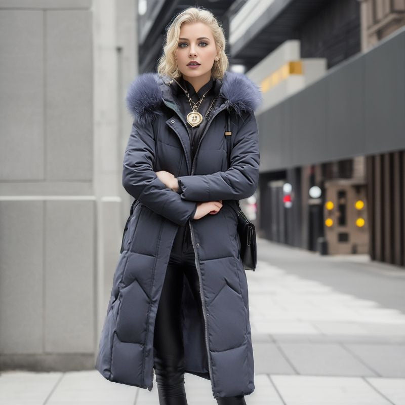 Amanda – Over The Knee Quilted Jacket with Large Fur Collar