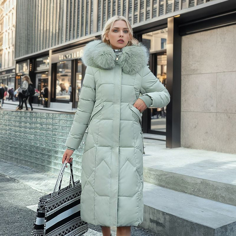 Amanda – Over The Knee Quilted Jacket with Large Fur Collar