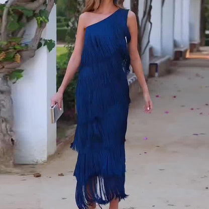 Andrea – Layered Fringe Design Dress with Diagonal Collar