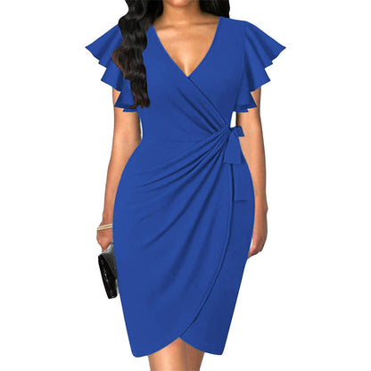 Betty – V-neck Tight Waist Pleating Bell Sleeve Sheath Dress