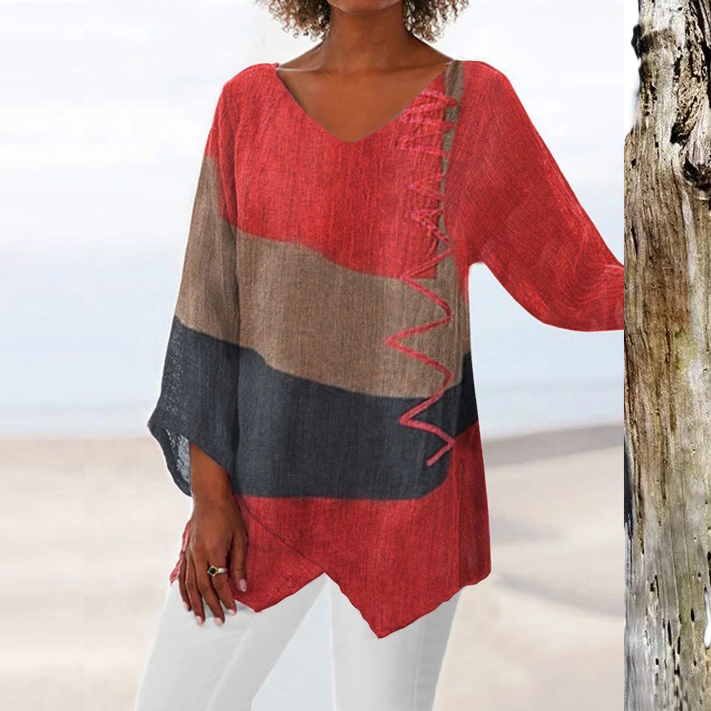 Alice – Casual Loose V-neck Irregular Hem Art Print Long Sleeve Retro Top