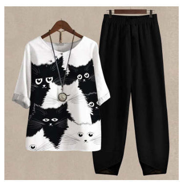 Angela – Spring New Women's Five-quarter Sleeve Printed Top and Pants Set