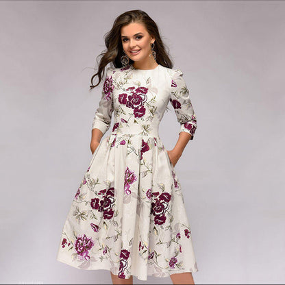 Women's Elegant Floral Print A-Line Midi Dress for Work or Special Occasions