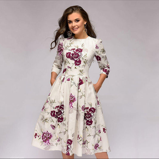 Women's Elegant Floral Print A-Line Midi Dress for Work or Special Occasions