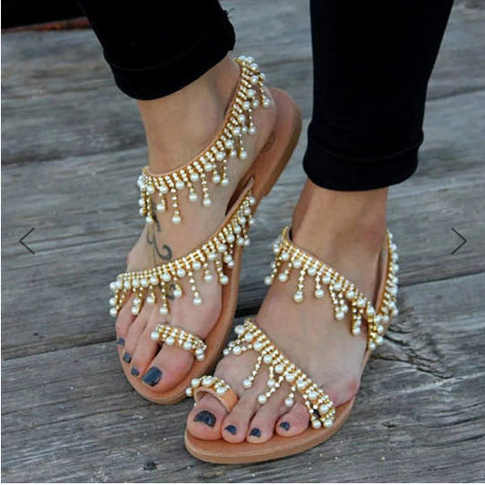 Ruth – Comfortable Flat Pearl String Bead Slippers