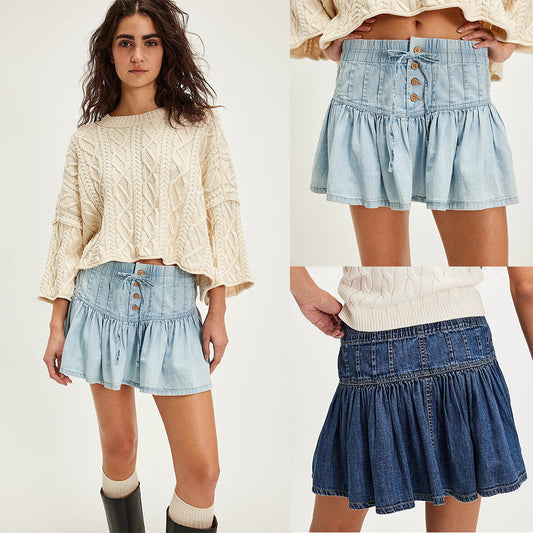 Caroline – High Waist A-Line Casual Versatile Retro Denim Pleated Skirt
