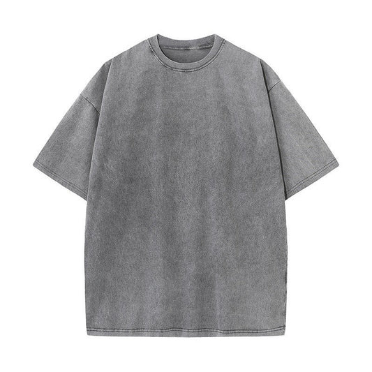 Katy – Pure Cotton Distressed T-shirt with Retro Round Neck and Short Sleeves