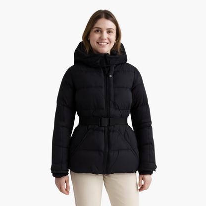 Women's Belted Hooded Fashion Puffer Jacket – Winter Water-Resistant Insulated Outerwear