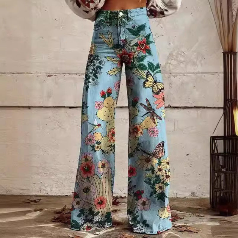 Samantha – Fashion Women's Printed High Waist Loose Thin Premium Vegan Denim Wide Leg Pants
