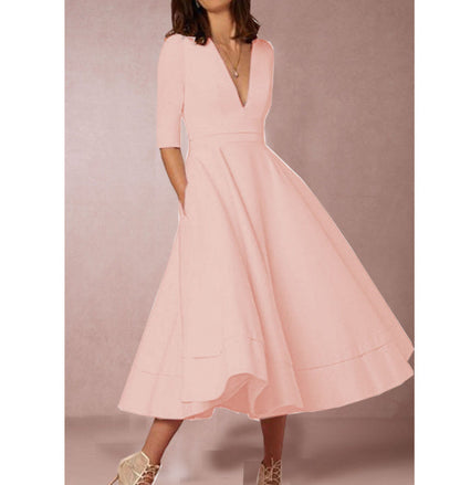 Women's Elegant V-Neck Midi Princess Dress with Sleeves for Special Occasions
