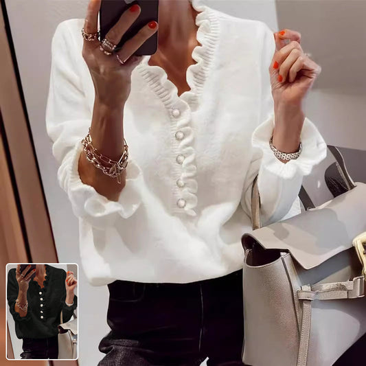 Joan – Stylish Ruffled V-neck Knitted Sweater
