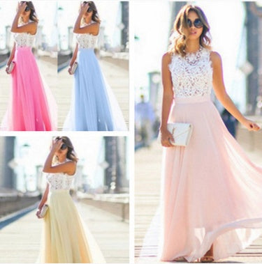 Katie – Long Chiffon Dress with Lace Embroidery