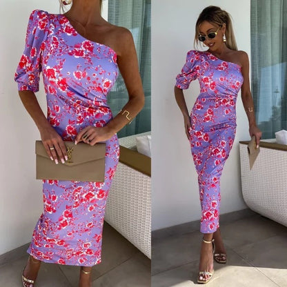 Esme – Asymmetrical Printed Dress with Pleats