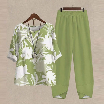 Angela – Spring New Women's Five-quarter Sleeve Printed Top and Pants Set