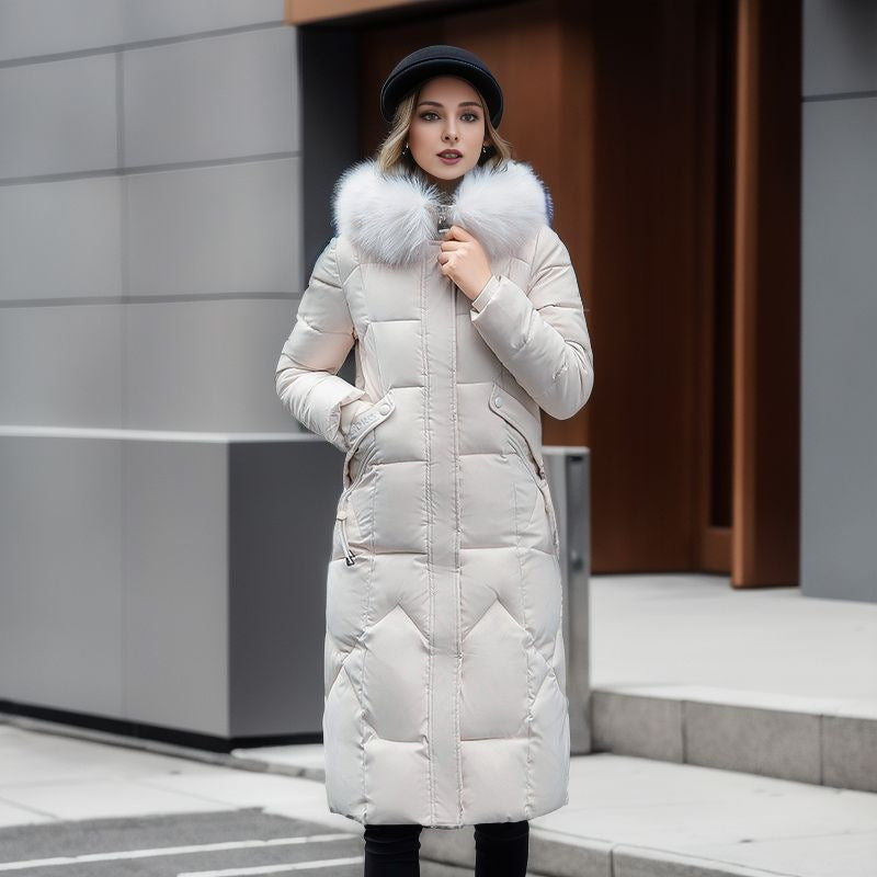 Amanda – Over The Knee Quilted Jacket with Large Fur Collar
