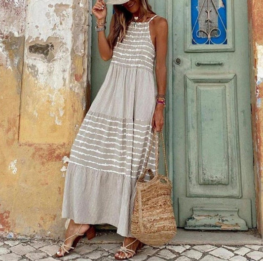 Michelle – Spring Summer Striped Dress with Hanging Collar