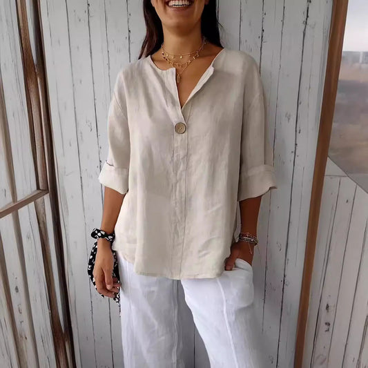 Sandra – Loose Women's V-neck Cotton and Linen Button Top