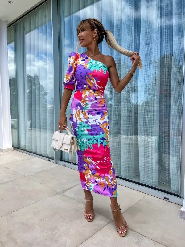 Esme – Asymmetrical Printed Dress with Pleats