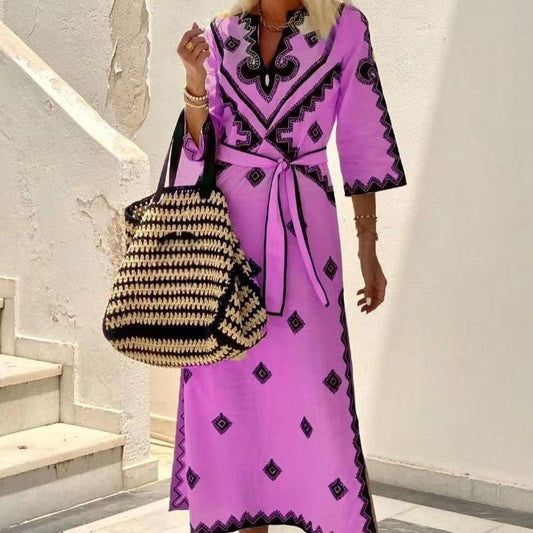 Shirley – Bohemian Linen Dress with Printed Belt