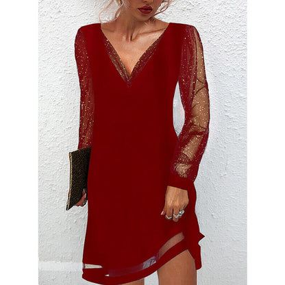 Rachael – Solid Lace Trim Sleeves V Neck Pullover Dress