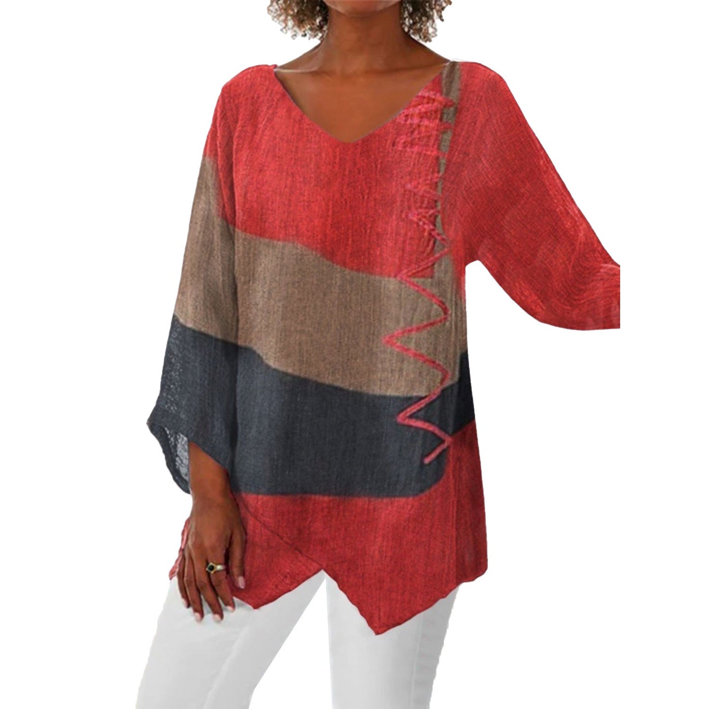 Alice – Casual Loose V-neck Irregular Hem Art Print Long Sleeve Retro Top