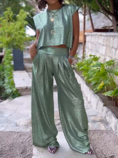 Hannah – Women's Casual Glossy Vest and Wide Leg Pants Set