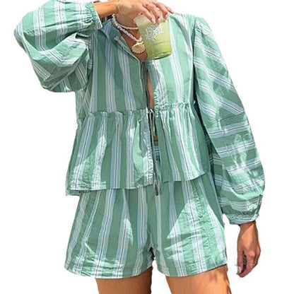Helen – Striped Lace-up Lantern Sleeve Ruffled Top Suit