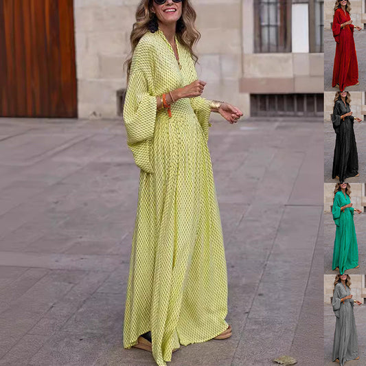 Dawn – Long Batwing Sleeve Dress with V-Neck and Fitted Waist