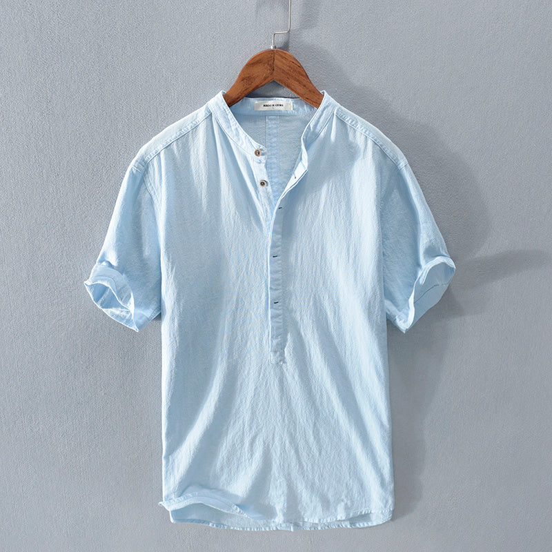 Malcolm – Men's Stand Collar Japanese Ice Silk Linen Short Sleeve T-shirt