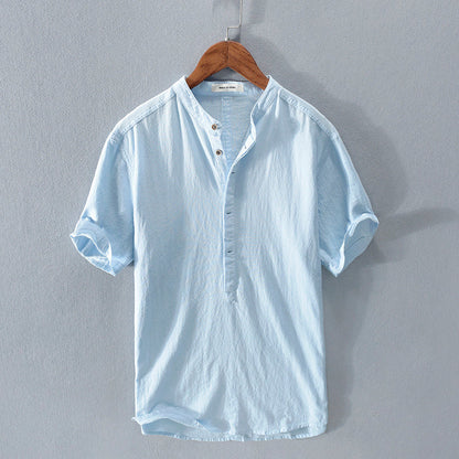 Malcolm – Men's Stand Collar Japanese Ice Silk Linen Short Sleeve T-shirt