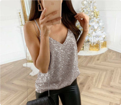 Women's Sequin V-Neck Party Tank Top – Elegant Socialite Style Pullover Vest