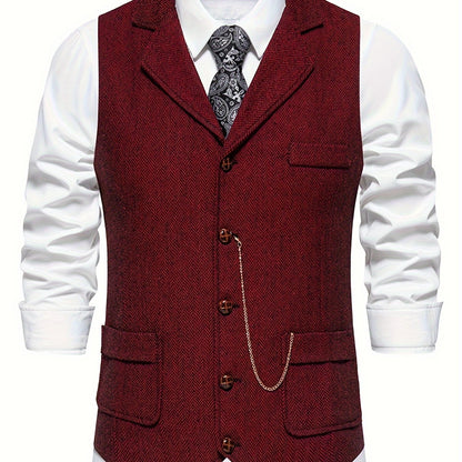 Men's Classic Herringbone Suit Vest with Lapel – Formal Business Waistcoat
