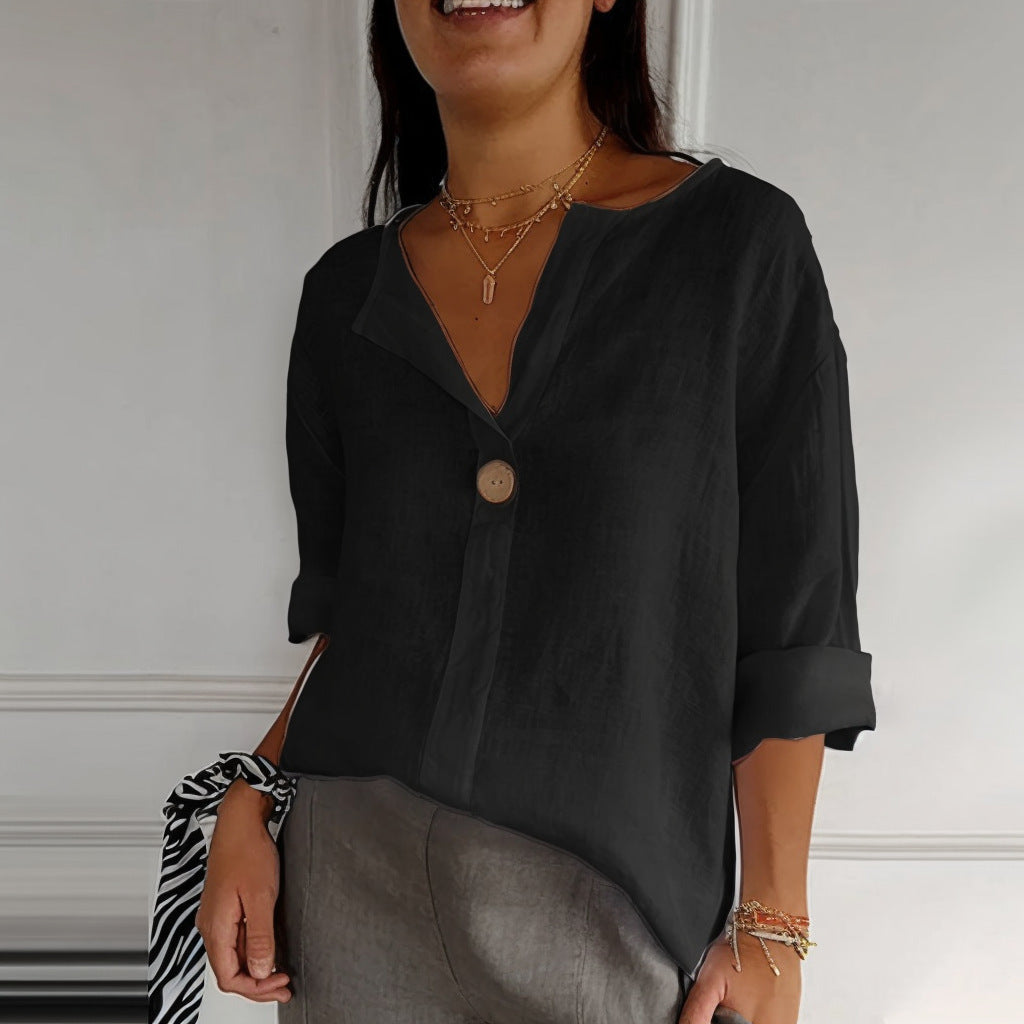 Sandra – Loose Women's V-neck Cotton and Linen Button Top
