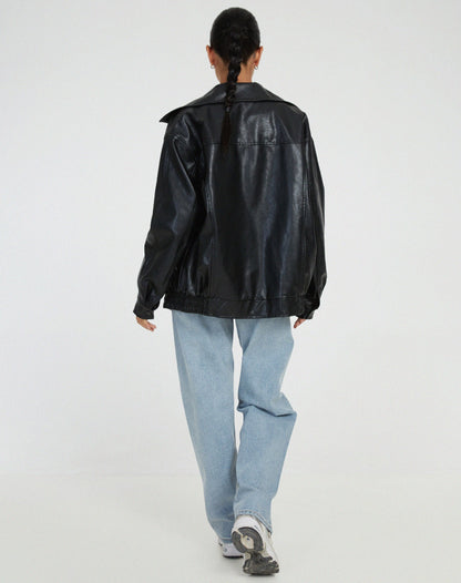 Women's Oversized Faux Leather Bomber Jacket – Trendy Relaxed Fit for Casual and Night Out Style