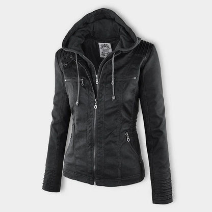 Women's Vegan Leather Hooded Moto Jacket with Zipper – Stylish and Functional Fall Outerwear