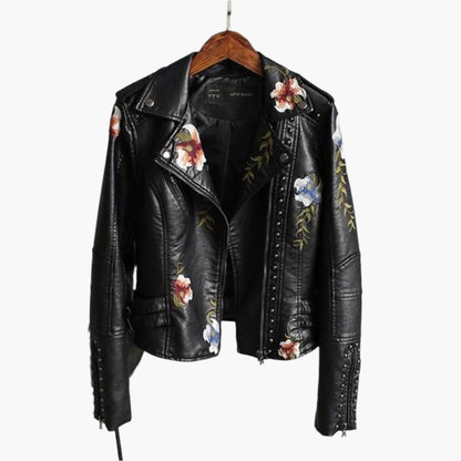 Women's Embroidered Biker Jacket Faux Stylish Casual Outerwear