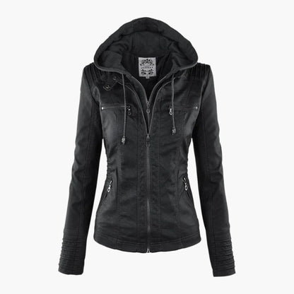 Women's Vegan Leather Hooded Moto Jacket with Zipper – Stylish and Functional Fall Outerwear