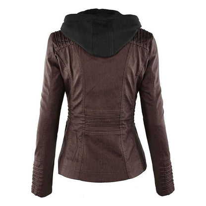 Women's Vegan Leather Hooded Moto Jacket with Zipper – Stylish and Functional Fall Outerwear