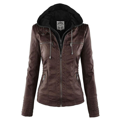 Women's Vegan Leather Hooded Moto Jacket with Zipper – Stylish and Functional Fall Outerwear