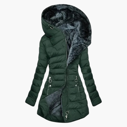 Women's Elegant Plush Winter Puffer Coat with Large Hood – Fashionable Long Quilted Jacket for Cold Weather
