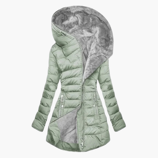 Women's Elegant Plush Winter Puffer Coat with Large Hood – Fashionable Long Quilted Jacket for Cold Weather