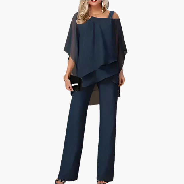 Women's Elegant Chiffon Two-Piece Set – Off-Shoulder Top and Wide-Leg Pants for Special Occasions