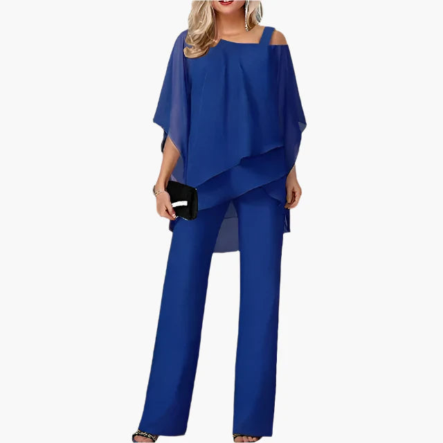 Women's Elegant Chiffon Two-Piece Set – Off-Shoulder Top and Wide-Leg Pants for Special Occasions
