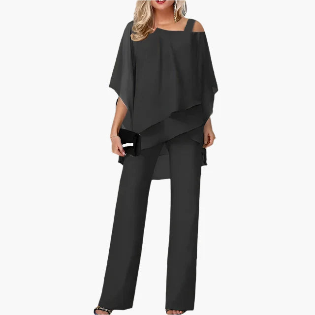 Women's Elegant Chiffon Two-Piece Set – Off-Shoulder Top and Wide-Leg Pants for Special Occasions