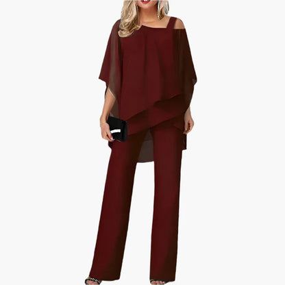 Women's Elegant Chiffon Two-Piece Set – Off-Shoulder Top and Wide-Leg Pants for Special Occasions