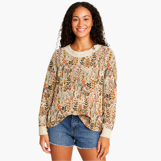 Women's Relaxed Fit Floral Pattern Knit Sweater - Casual Everyday Style
